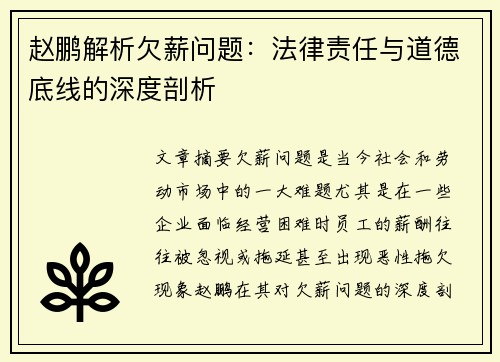 赵鹏解析欠薪问题：法律责任与道德底线的深度剖析